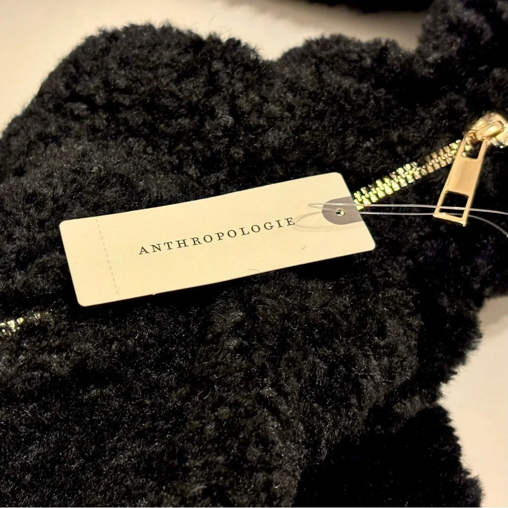 Anthropologie Black Sherpa Crossbody Sling Hobo Bag Gold Zippered New with Tags
